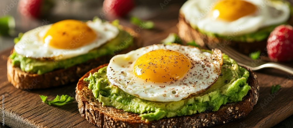 Artisan Avocado Toast Topped with Sunny-Side Up Eggs: A Gourmet Brunch Presentation Artisan Avocado Toast Topped with Sunny-Side Up Eggs: A Gourmet Brunch Presentation