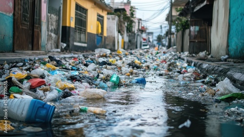 Wallpaper Mural A city street overflowing with plastic waste, spilling into the drains and flowing toward the ocean,  Torontodigital.ca