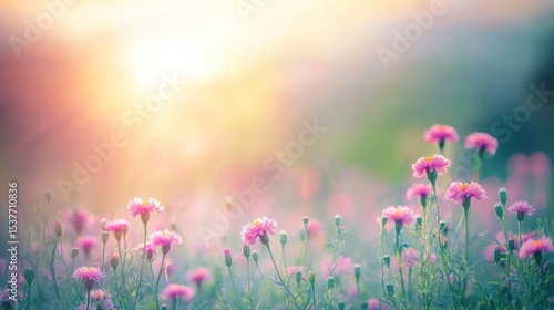Gentle pink flowers in a field at sunrise.