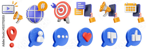 3d social media network marketing application smartphone share like love follow online posting icon set bundle illustration