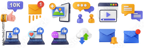 3d social media network marketing application smartphone share like love follow online posting icon set bundle illustration