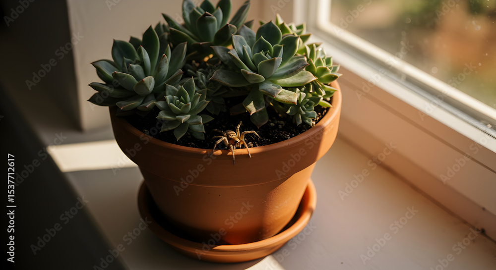Fototapeta premium Succulent plant in a pot on a windowsill with spider on it