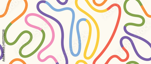 Vibrant curved line pattern with abstract geometric doodles. Seamless background in pastel and bright colors for trendy art, kids decor, and prints.