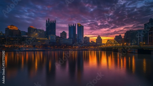 Wallpaper Mural Urban tapestry a vibrant cityscape reflected in tranquil river at twilight Torontodigital.ca