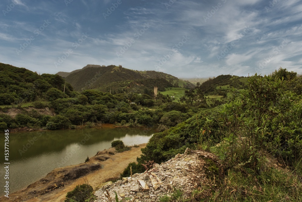 Fototapeta premium La Siberia, an abandoned town in Colombia’s Andes. Crumbling walls, empty streets, and overgrown ruins tell a silent story of isolation and forgotten lives.