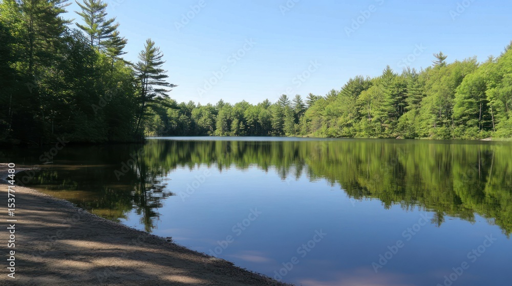 Fototapeta premium Reflections on Tranquil Lake: A serene nature scene of placid waters and vibrant foliage