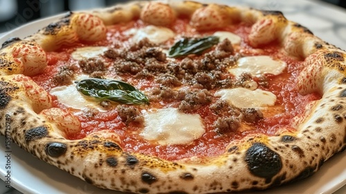 Delicious wood-fired pizza topped with flavorful sausage and fresh basil leaves