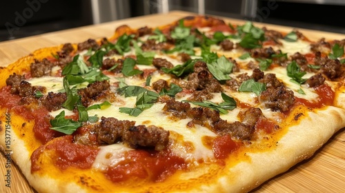 Delicious homemade sausage pizza with fresh basil on a rustic wooden serving board