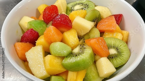 Colorful fruit salad medley with fresh strawberry, kiwi, melon, pineapple cubes