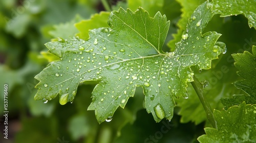 Vineyard's Refreshment: Green leaf of grape vine adorned with water droplets after rain
