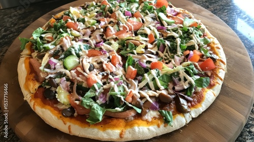 Vibrant Vegetarian Pizza on Wooden Board Ready for Sharing and Enjoying