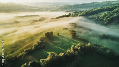 Ethereal light across rolling hills, a tranquil morning in the countryside
