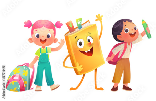 Cheerful schoolgirl schoolboy and a big book characters with backpacks. Elementary school students with book character, back to school clip art. Cartoon vector children illustration for kids education