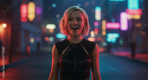 Portrait of a young woman at a night street