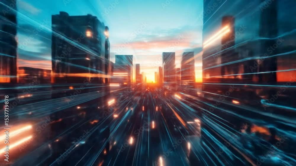 Abstract futuristic city with light trails and motion blur at sunset skyline Abstract futuristic city with light trails and motion blur at sunset skyline