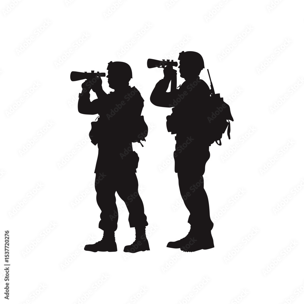 Naklejka premium Soldiers Using Binoculars Silhouettes