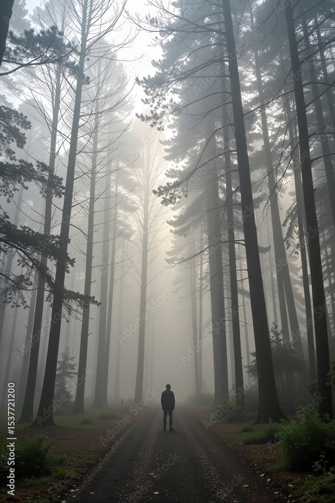 Fototapeta premium A lone person walks down a misty forest path surrounded by tall, slender trees, creating a serene and mysterious atmosphere.