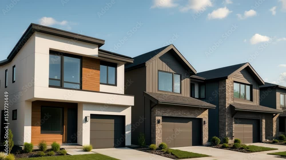 Modern suburban homes in a row, captured from a low-angle. The video showcases sleek architecture under a clear blue sky. Modern suburban homes in a row, captured from a low-angle. The video showcases sleek architecture under a clear blue sky.
