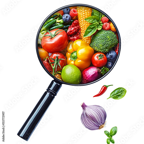 Fresh food ingredients under magnifying glass for health research isolated on transparent background, png 