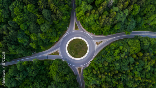 Fototapeta Naklejka Na Ścianę i Meble -  Aerial view of roundabout in lush green forest