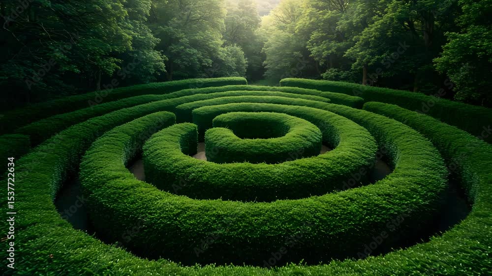 Aerial View of a Lush Green Garden Hedge Maze Labyrinth Pattern with Geometric Design in Natural Light Aerial View of a Lush Green Garden Hedge Maze Labyrinth Pattern with Geometric Design in Natural Light