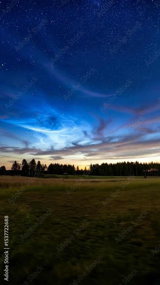 Dramatic noctilucent clouds above a grassy field at dusk with trees and stars, illuminated by the setting sun under a night sky Dramatic noctilucent clouds above a grassy field at dusk with trees and stars, illuminated by the setting sun under a night sky