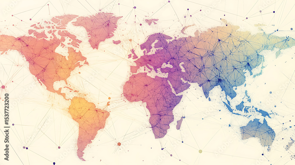 Fototapeta premium A colorful world map with a lot of lines and dots. The map is very detailed and has a lot of different colors 