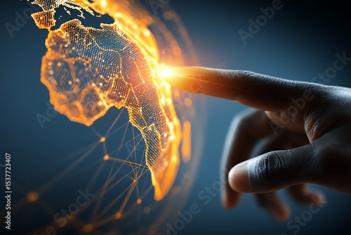A Finger Touching a Digital Globe Highlighting Africa, Representing Global Technology, Connectivity, Innovation, and International Business Opportunities