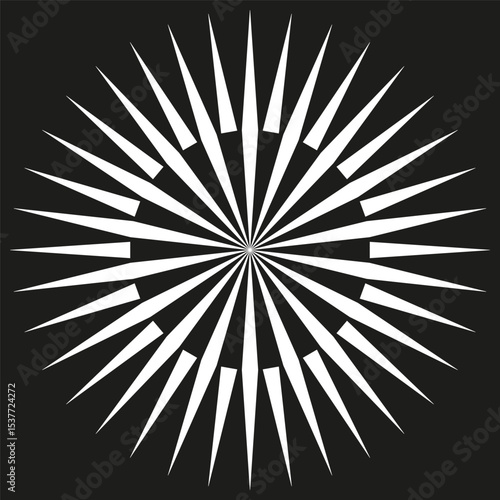White starburst shape. Black background contrast. Sharp spiked symbol. Radial vector burst.