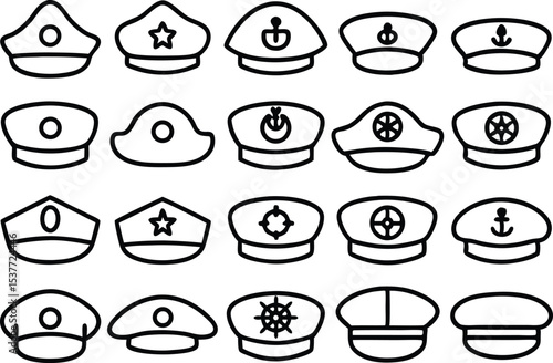 Sea captain hat icon set collection for maritime uniform designs isolated on transparent background