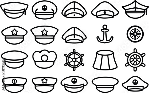 Sea captain hat icon set uniform nautical headwear graphics isolated on transparent background