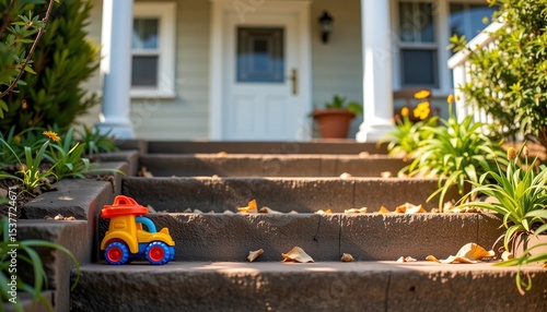 A colorful toy truck is placed on outdoor stone steps surrounded by plants, leading up to a house entrance with a white door and potted plant.
