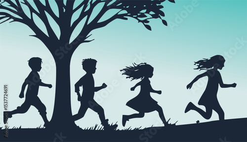 Children playing in a park. Vector illustration.kids playing and running with autumn trees vector in white background