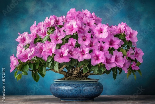 Pink bonsai ablaze with flowers in a blue pot