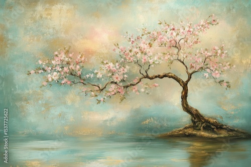 Pastel blossom tree over water