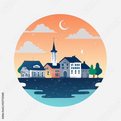 Charming vector illustration of a cityscape at dusk featuring buildings and a moon