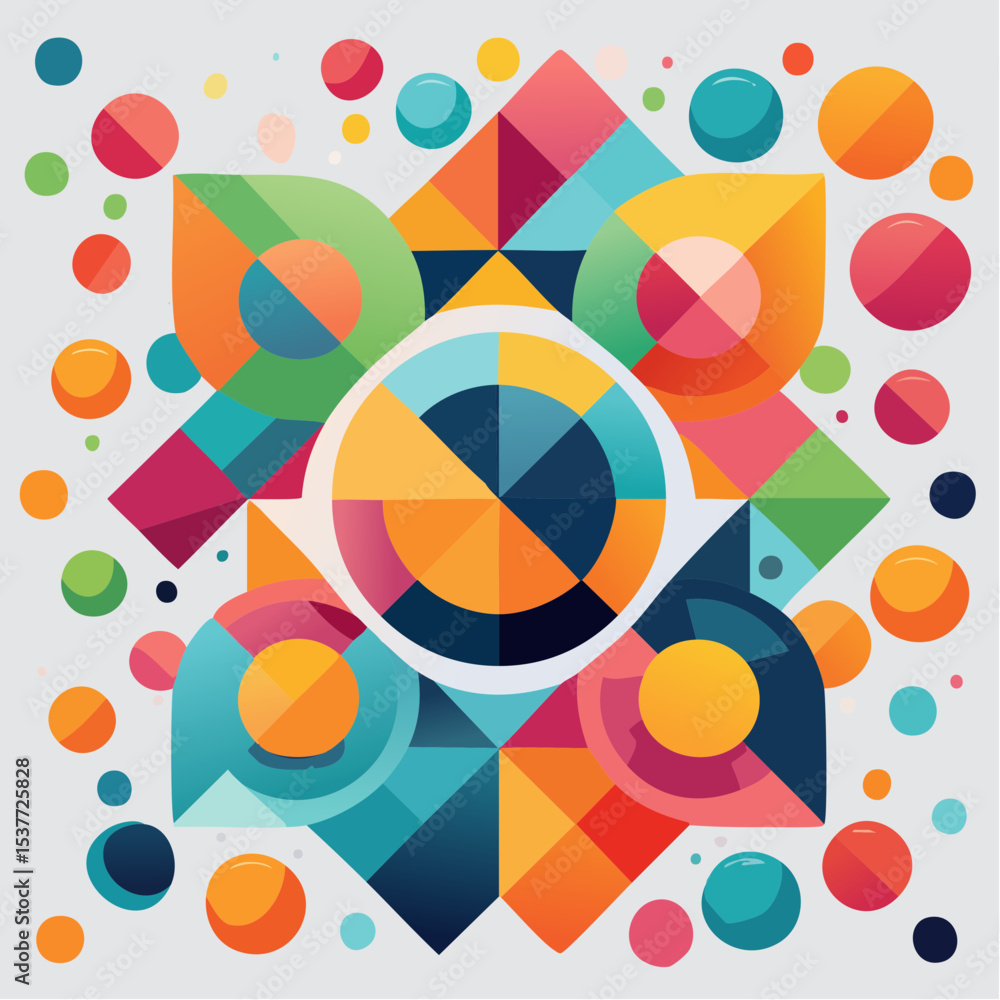 Obraz premium Colorful abstract geometric design with circles, squares, and unique shapes on white background