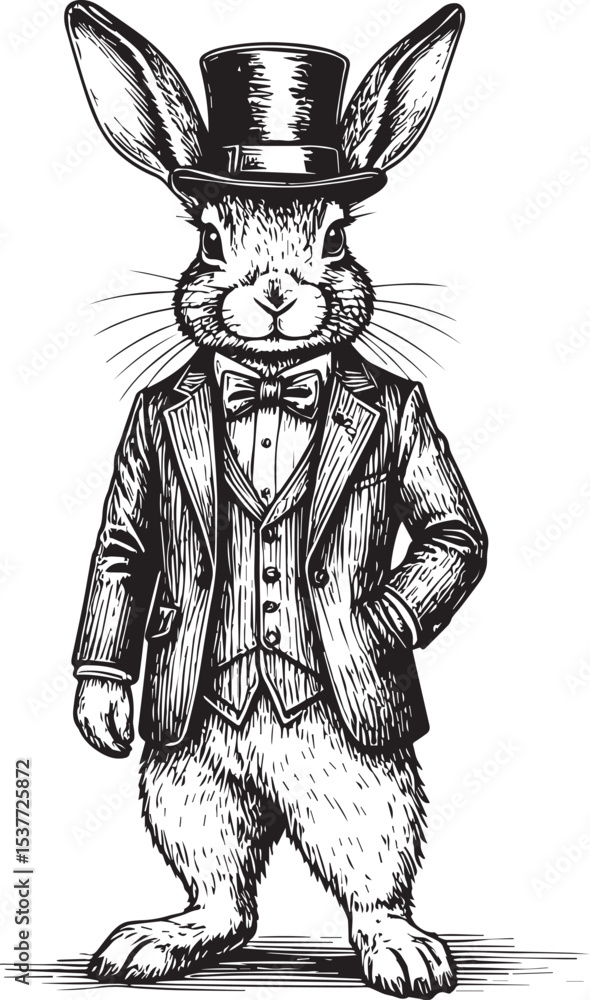Fototapeta premium Dapper Rabbit in Suit and Top Hat Engraving
