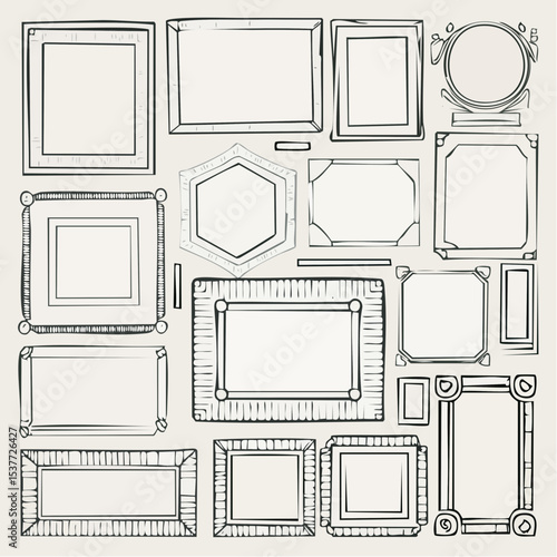 Hand-drawn collection of various picture frames in a doodle style on a light background