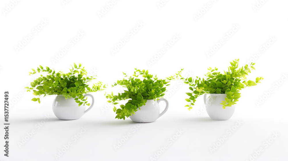 Fototapeta premium Three ceramic pots with lush green plants, minimalist and natural aesthetic
