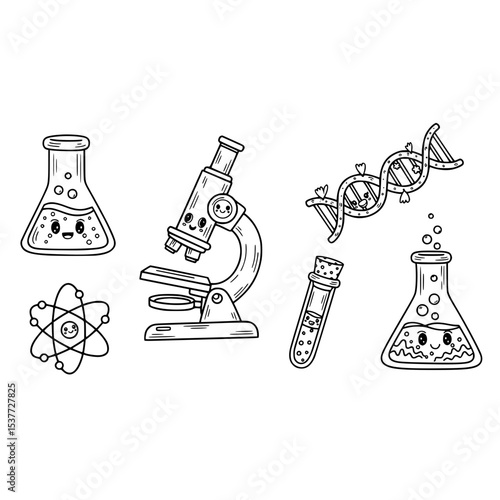 Cute science lab equipment doodle with microscope dna molecule flask and atom for education concept design