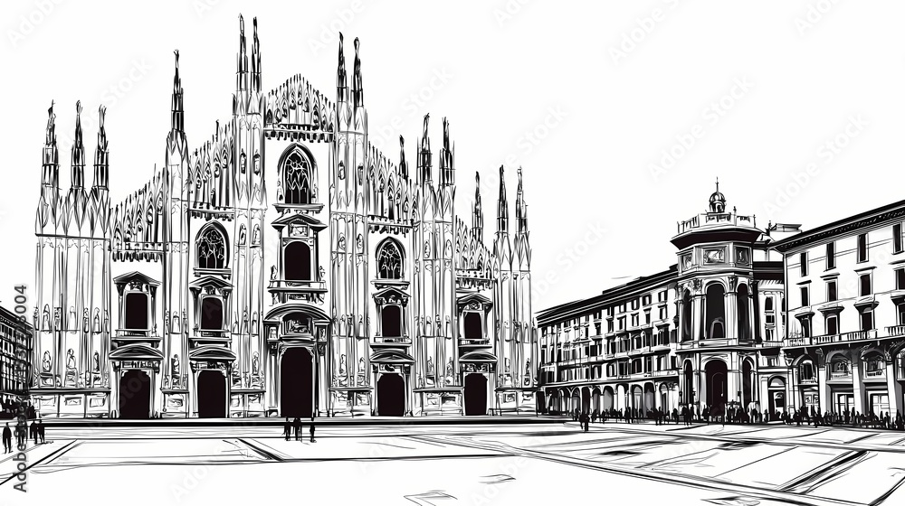 Fototapeta premium Hand-drawn illustration of milan cathedral and surrounding buildings.