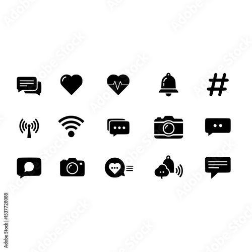 Social media notification heart wifi camera message bell hashtag connection communication icons vector set