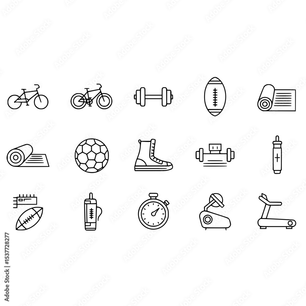 Fototapeta premium Fitness exercise equipment icons set bike dumbbell football yoga mat soccer ball and more elements vector