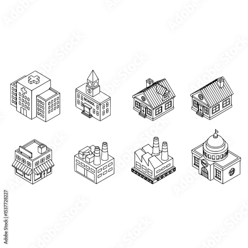 Isometric buildings architecture hospital school house factory government outline design city town line art