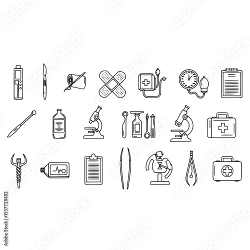 Medical equipment healthcare tools first aid kit microscope stethoscope vector line drawing illustration