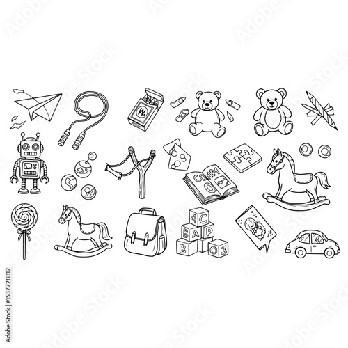 Illustration of toys teddy bear rocking horse car robot blocks book airplane lollipop and other childhood items