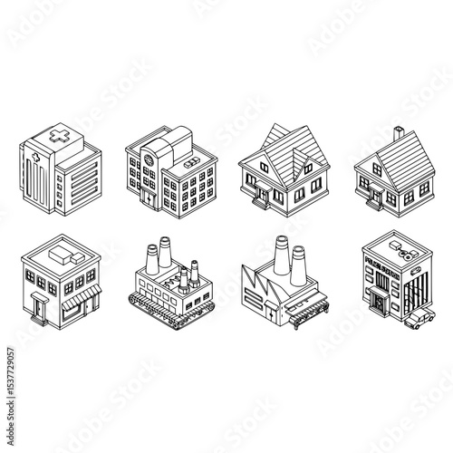 Isometric buildings line art vector illustration city buildings hospital factory house police station