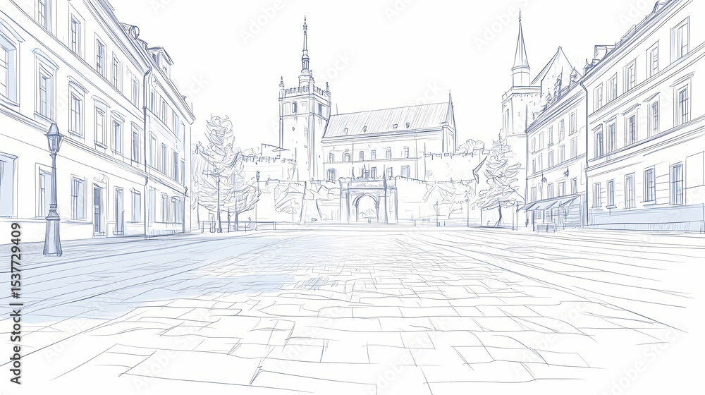 Obraz premium Hand-drawn illustration of a european city square.