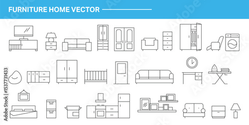 Furniture outline front view. Floor plan icons set for design interior and architectural project. Furniture thin line icon in front view for layout.	